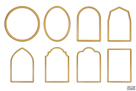Simple golden geometric frames are isolated on white background. Luxury gold borders for wedding invitations, luxury templates, and decorative patterns. Golden border design. 3D vector illustration.のイラスト素材
