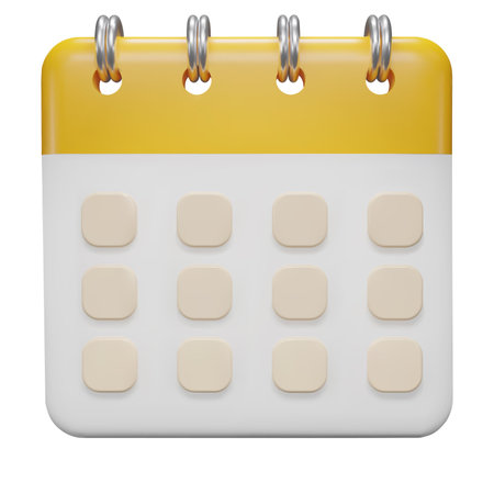 Calendar date 3d icon. Yellow calendar with flipping pages and rings isolated on white background. Daily schedule planner. Calendar events plan, Reminder, work planning concept. 3d vector illustration.のイラスト素材