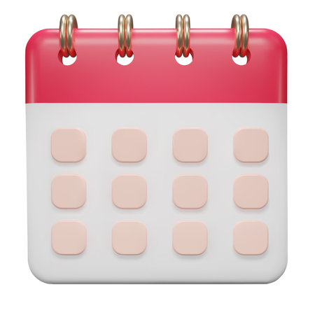 Calendar date 3d icon. Red calendar with flipping pages and rings isolated on white background. Daily schedule planner. Calendar events plan, Reminder, work planning concept. 3d vector illustration.のイラスト素材