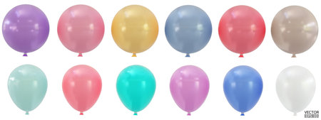 Set of realistic vector colorful balloons isolated on white background. Helium balloons clipart for anniversary, birthday, wedding, party. 3D vector illustration.のイラスト素材