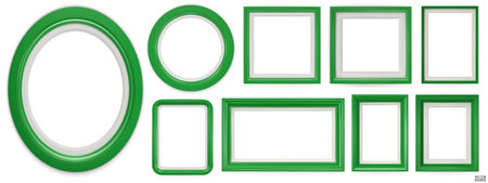 Set of green modern frame isolated on white background. Realistic rectangle, circle, oval Photo green frames mockup. Classic Borders set for painting, and photo gallery. 3d vector illustration.のイラスト素材