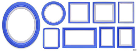 Set of blue modern frame isolated on white background. Realistic rectangle, circle, oval Photo blue frames mockup. Classic Borders set for painting, and photo gallery. 3d vector illustration.のイラスト素材