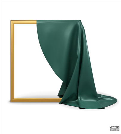 Green Silk fabric unveiling a golden empty frame isolated on white background. Green satin covered objects. 3d vector illustration.のイラスト素材