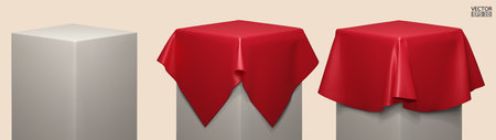 Set of Podium covered with a piece of red silk isolated on background. Realistic box covered with red cloth. Podium for product, cosmetic presentation. Creative mock up. 3d vector illustration.のイラスト素材