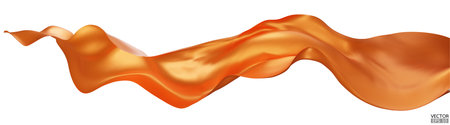 Flying orange silk textile fabric flag background. Smooth elegant orange Satin Isolated on white Background for grand opening ceremony. Flying orange silk vertical image. 3d vector illustrationのイラスト素材