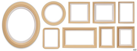 Set of wooden modern frame isolated on white background. Realistic rectangle, circle, oval Photo wood frames mockup. Classic Borders set for painting, photo gallery. 3d vector illustration.のイラスト素材