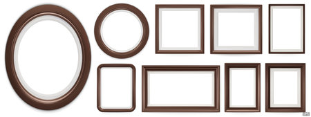 Set of dark brown modern frame isolated on white background. Realistic rectangle, circle, oval Photo wooden frames mockup. Classic Borders set for painting, photo gallery. 3d vector illustration.のイラスト素材