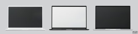 Set of 3d laptops isolated on grey background. Realistic Laptop silver, white, black color mockup with blank screen display. 3D vector illustration.&#xD;&#xA;のイラスト素材
