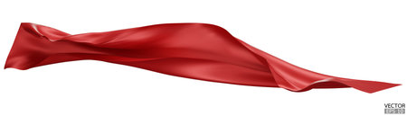 Flying red silk textile fabric flag background. Smooth elegant red Satin Isolated on white Background for grand opening ceremony. Red curtain. 3d vector illustrationのイラスト素材