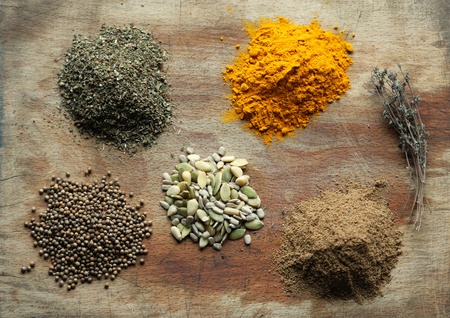 Variety of colorful grounds spicesの写真素材