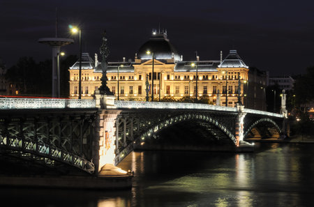 Bridge and University of Lyon by nightのeditorial素材