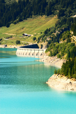 Lake and dam named Roselend, French Savoy, Alps.のeditorial素材