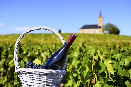Bottle of red wine in a basket of reasons near a typical churchの写真素材