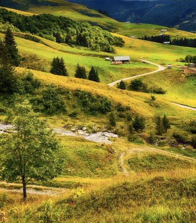 Alpine landscape with chalets, Savoy, Franceの写真素材