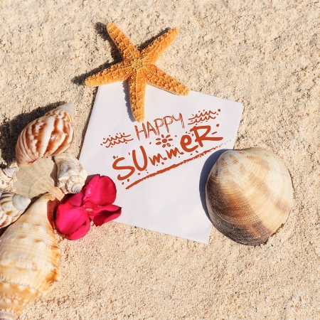 blank paper on white sand beach with starfish and shells like summer vacation backgroundの写真素材