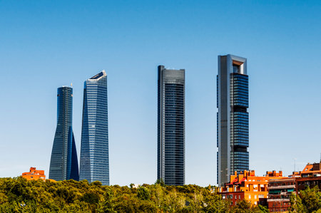 four modern skyscrapers  Cuatro Torres  Madrid, Spain のeditorial素材