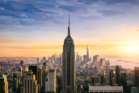 New York City skyline with urban skyscrapers at sunset, USA.のeditorial素材