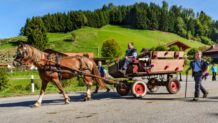 Charmey, Fribourg, Switzerland - SEPTEMBER 26 2015 : Farmers with a herd of cows on the annual transhumance at Charmey near Gruyeres, Fribourg zone on the Swiss alpsのeditorial素材