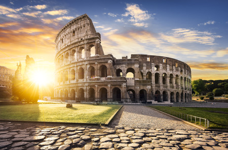 View of Colosseum in Rome and morning sun, Italy, Europe.の写真素材