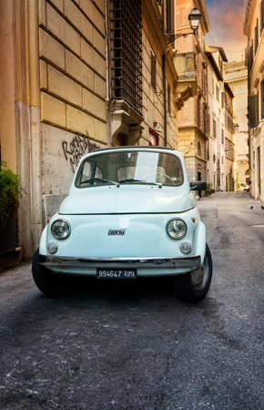 ROME - MAY 27: Fiat 500 parked on May 27, 2016 in Rome. Fiat 500 was one of the most produced European cars ever with 3,893,294 units manufactured in years 1957-1975.のeditorial素材