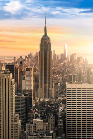 New York City skyline with urban skyscrapers at sunset, USA.のeditorial素材