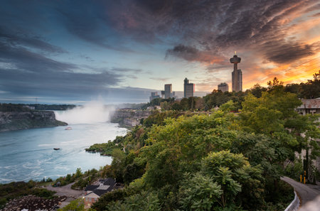 Niagara Falls, Canada October 06, 2018 : Panoramic view of Niagara Falls in the evening from the Canadian sideのeditorial素材