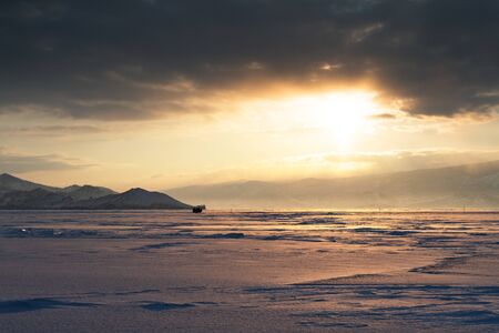 Beautiful views of the tourist centers and the Curkut Bay by winter. Lake Baikal, Russiaの写真素材
