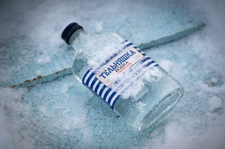 march 05, 2020, davsha village, Siberia, Russia: Bottle of Vodka near the Baikal lake in Siberia, Russiaのeditorial素材