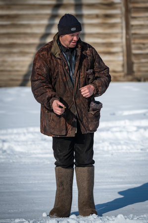 Baikalskoye, Baikal lake, Siberia, Russia - March 03, 2020 : Near the Lake Baikal, in the small town...