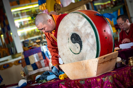 Atsagatsky Datsan temple, Ulan Ude, Siberia, Russia - March 09, 2020: Buddhist monks are reading...