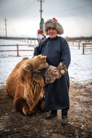 Naryn-Atsagat zone, near Oulan Ude (ulan ude), Siberia, Russia - March 09, 2020: A Buryat man in a...