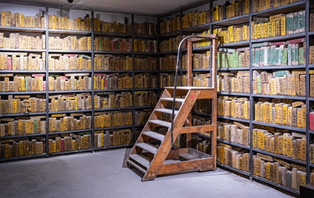 January 17 2023 Brest, Finistere, France: Old printing company with old lithography stonesのeditorial素材