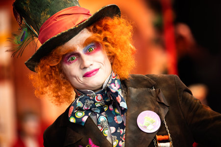 January 07 2024 Chassieux Eurexpo Auvergne Rhone Alpes France: Cosplay festival near Lyon in a free space. a man portrays the Mad Hatter from Alice in Wonderland. Alejandro Elmer, arts-mv-eventsのeditorial素材