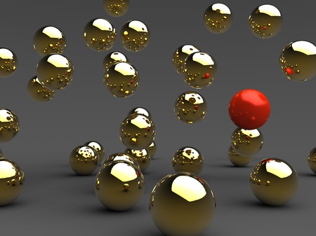 3d illustration of a lots of golden and red balls on grey backgroundの写真素材