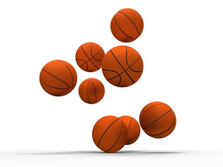 3d illustration of several basketballs being ground bounce on white backgroundの写真素材