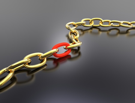 3d illustration of a gold chain separated by a red linkの写真素材
