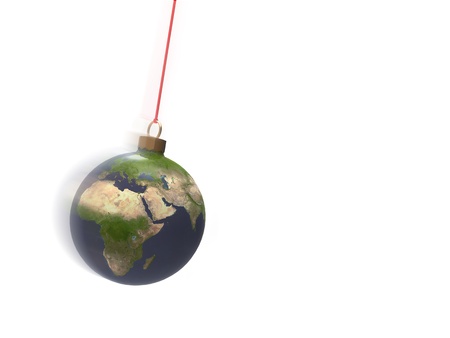 3d illustration of planet earth disguised as Christmas balls on white backgroundの写真素材