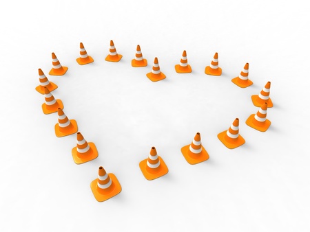 3d illustration of orange traffic cone-shaped Heart on white backgroundの写真素材