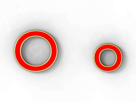 3d rendering of the letter O in gold and red metal on a white background.の写真素材