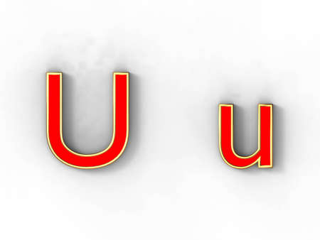 3d rendering of the letter U in gold and red metal on a white background.の写真素材
