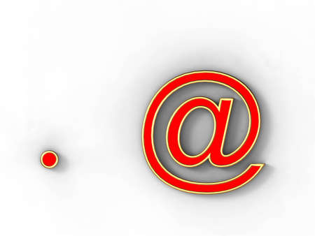 3d rendering of the symbol at and dot in gold and red metal on a white background.の写真素材