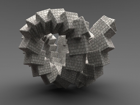 3d illustration of futuristic construction with pavment blocks in three dimensions on gray backgroundの写真素材