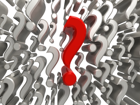 3d illustration of question with red symbol amoung white symbolの写真素材