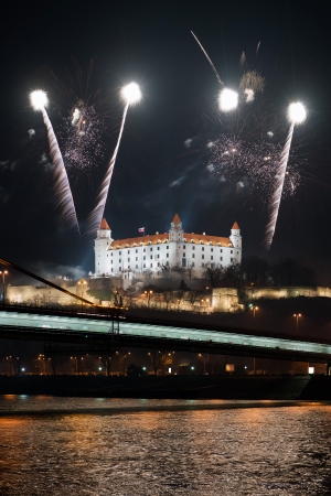 New Year fireworks above Danube river in Bratislava, Slovakia の写真素材