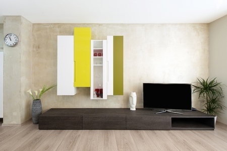 detail of modern living-room - wall with TVの写真素材