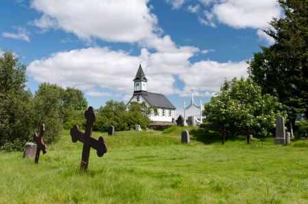 Thingvellir National park with village and white church in background, Icelandの写真素材