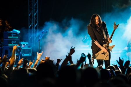 SNINA, SLOVAKIA - AUGUST 10  Sascha Gerstner - guitarist of the metal band Helloween performs on music festival Rock pod Kamenom in Snina, Slovakia on August 10, 2013のeditorial素材
