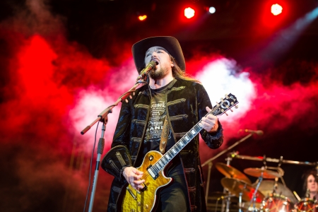 SNINA, SLOVAKIA - AUGUST 10: Singer and guitarist Robert Kodym of the band Wanastowi Vjecy performs on music festival Rock pod Kamenom in Snina, Slovakia on August 10, 2013のeditorial素材