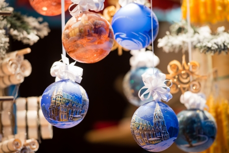 Christmas balls on Christmas marketの写真素材