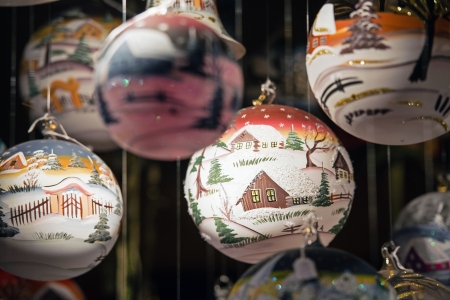 Christmas balls on sale at the marketの写真素材
